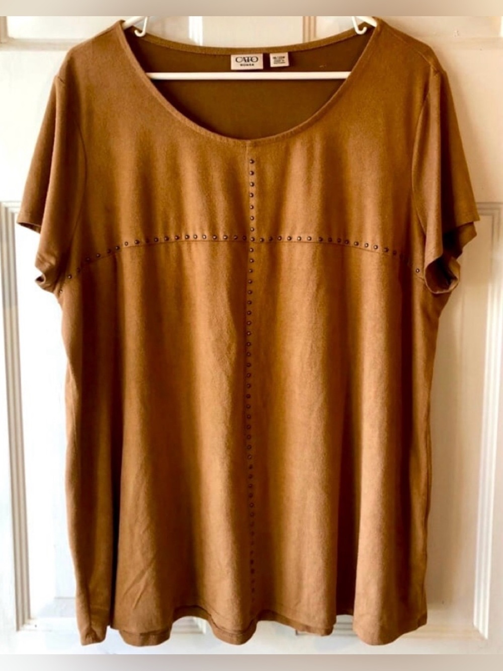Cato Caramel Brown Bronze Studded Cross Pattern Faux Suede Women's Top 18W 20W